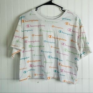 Champion logo crop t shirt all over pastel logo print woman's size large
